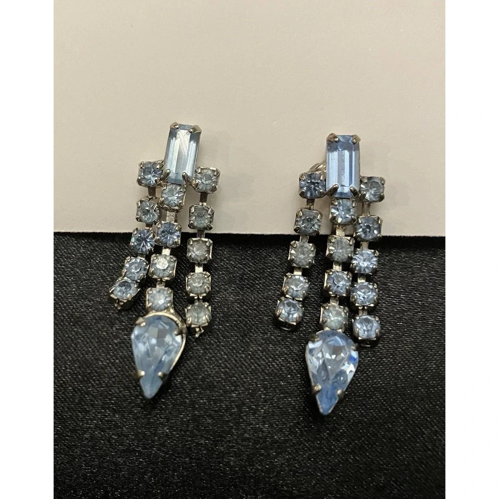 Baguette Blue Crystal Silver Tone Clip On Waterfall Chandelier Vintage Earrings